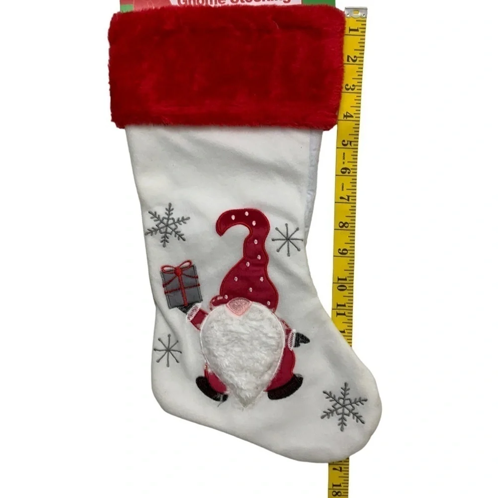 Christmas Stocking Santa Gnome Embroidery Embellishments 17 inches White Red